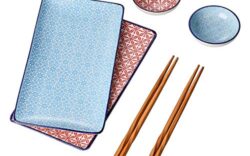 vancasso Macaron Set Piatti Sushi in Ceramica 6 pezzi Stile Giapponese Dinpinto a Mano Azzurro Verde Set da Sushi per 2 persone Con 2 Piattini per Salse 2 Piatti da Sushi 2 Bacchette di bambù 
